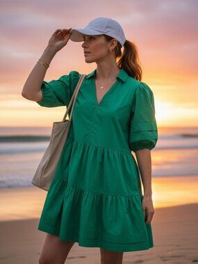 Me + Em Green Dress Short Puff Sleeve Cotton Poplin (8)